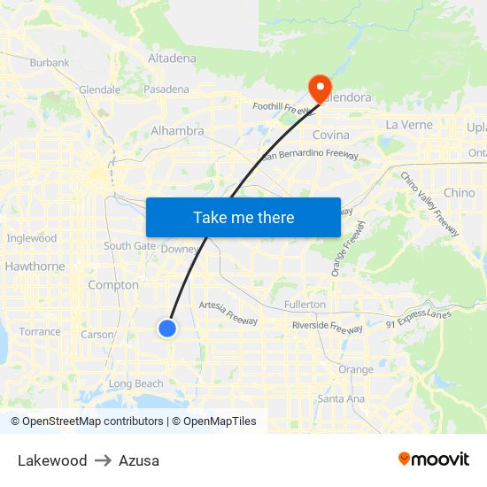 Lakewood to Azusa map