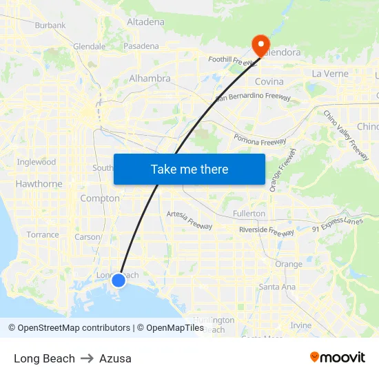 Long Beach to Azusa map