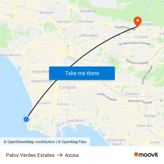 Palos Verdes Estates to Azusa map