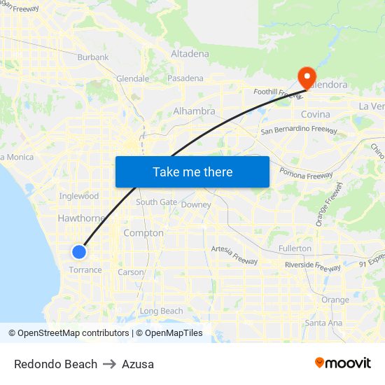 Redondo Beach to Azusa map