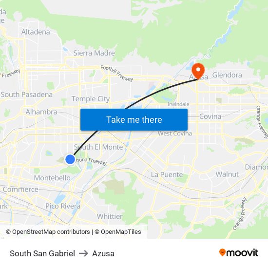 South San Gabriel to Azusa map