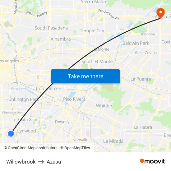 Willowbrook to Azusa map