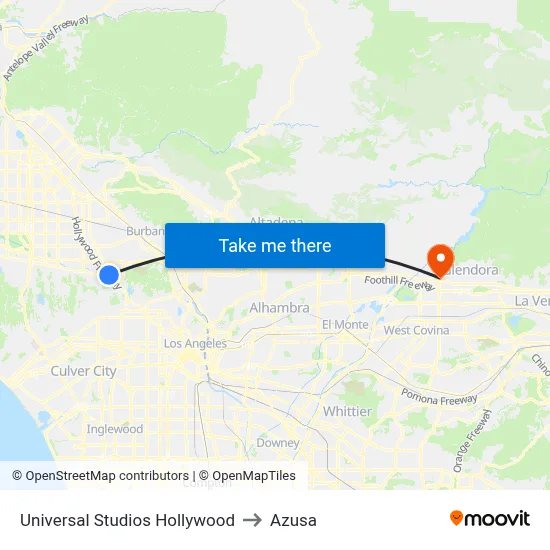 Universal Studios Hollywood to Azusa map