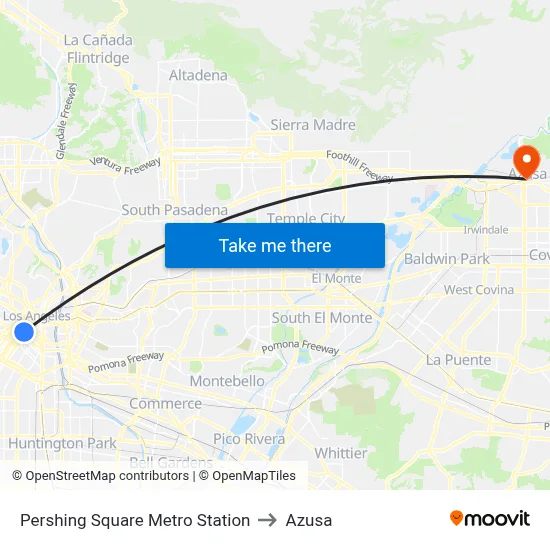 Pershing Square Metro Station to Azusa map