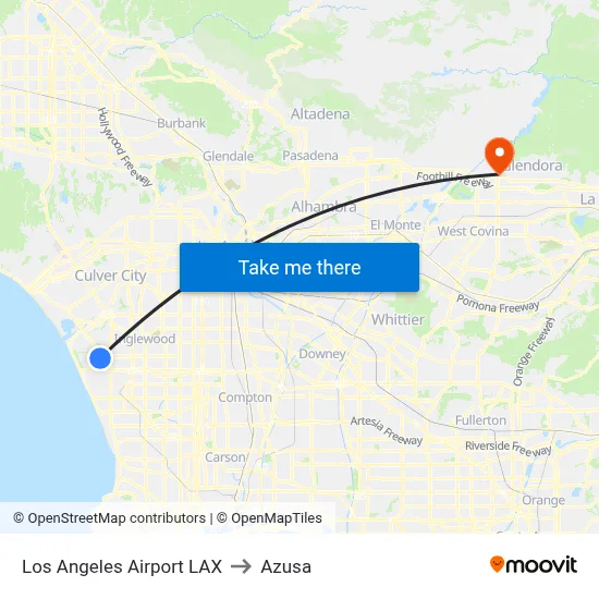 Los Angeles Airport LAX to Azusa map