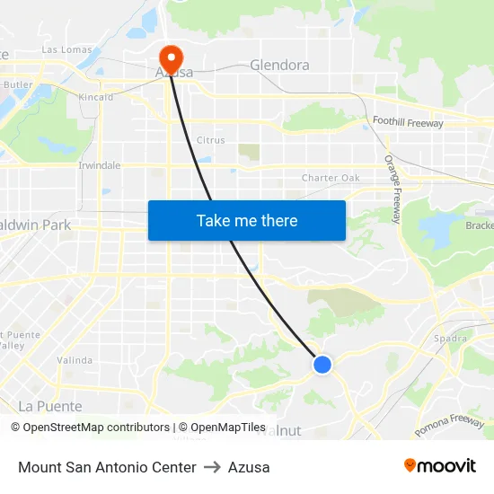 Mount San Antonio Center to Azusa map