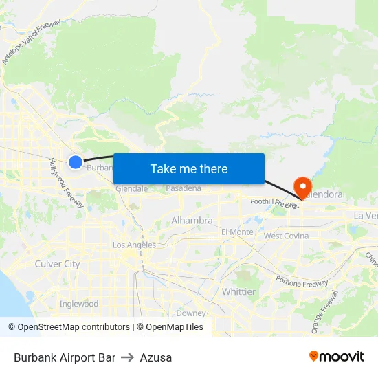 Burbank Airport Bar to Azusa map