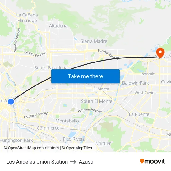 Los Angeles Union Station to Azusa map