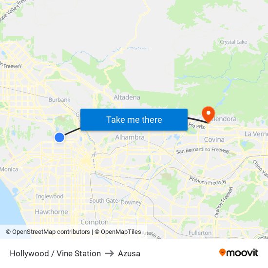 Hollywood / Vine Station to Azusa map