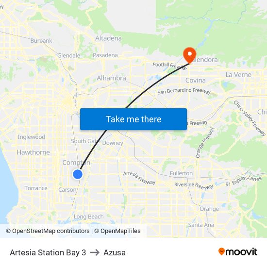 Artesia Station Bay 3 to Azusa map