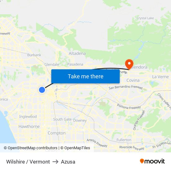 Wilshire / Vermont to Azusa map