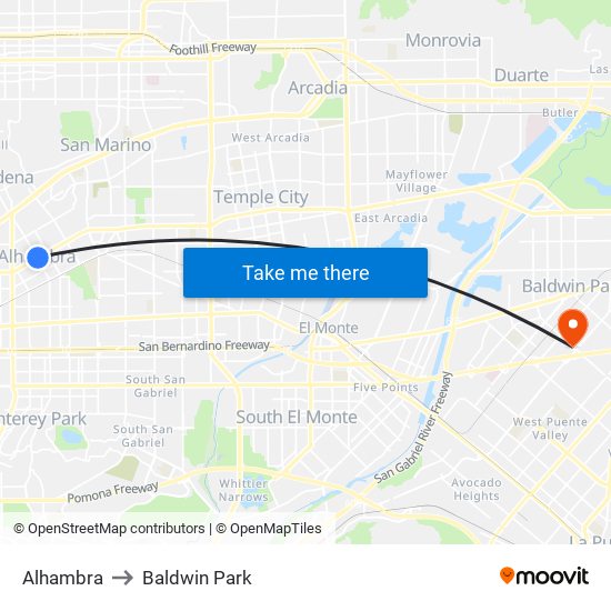 Alhambra to Baldwin Park map