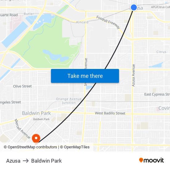 Azusa to Baldwin Park map