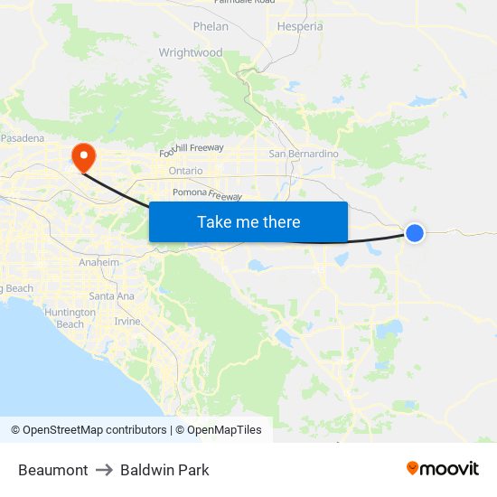 Beaumont to Baldwin Park map