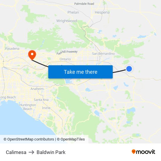 Calimesa to Baldwin Park map