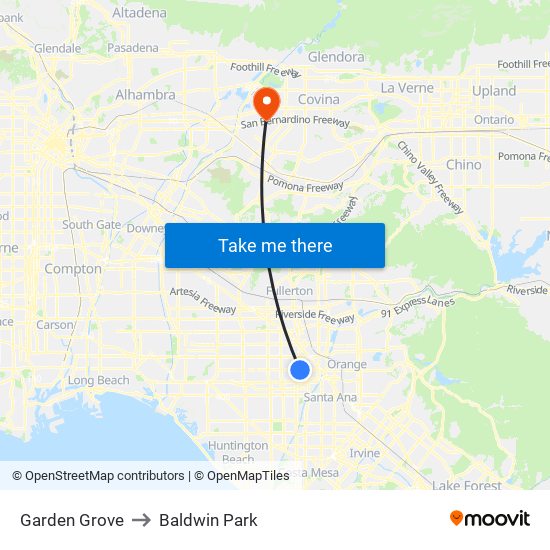 Garden Grove to Baldwin Park map