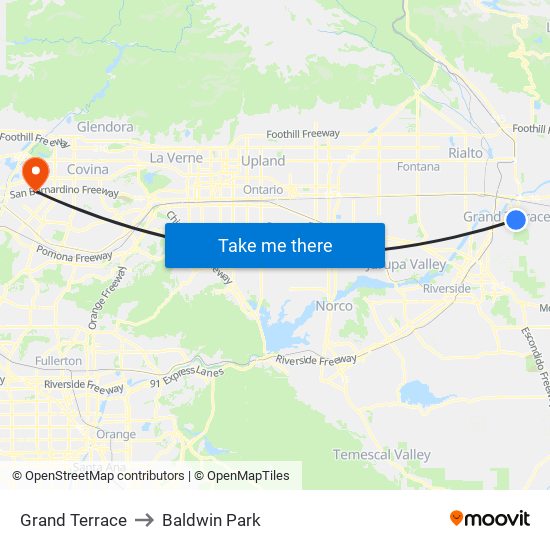 Grand Terrace to Baldwin Park map