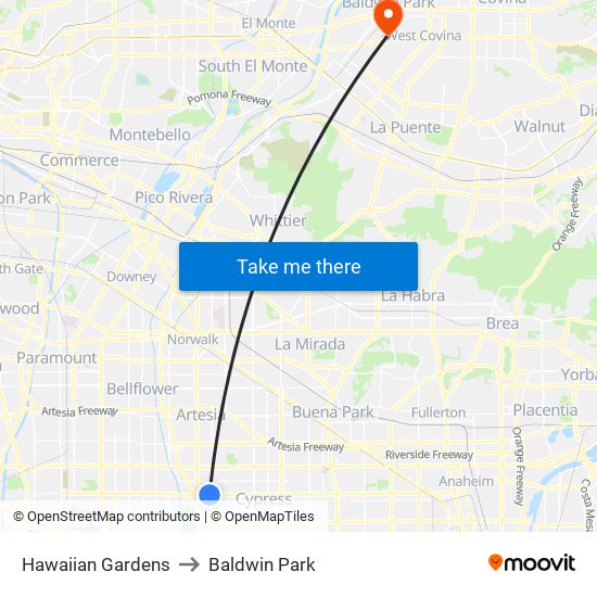 Hawaiian Gardens to Baldwin Park map