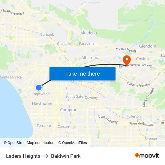 Ladera Heights to Baldwin Park map