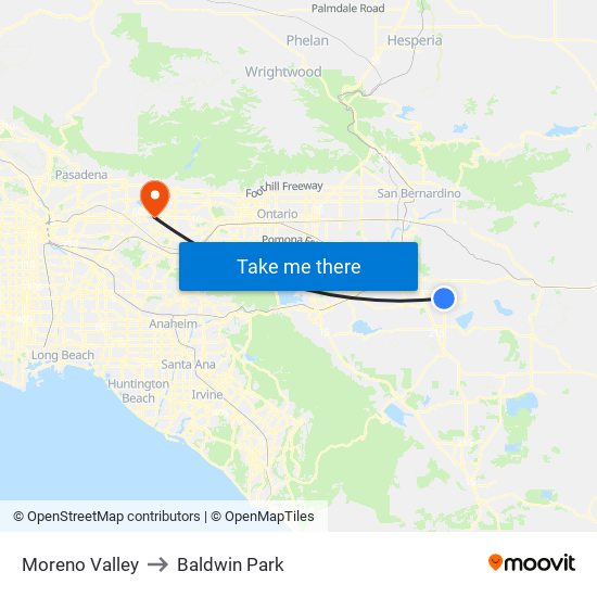 Moreno Valley to Baldwin Park map