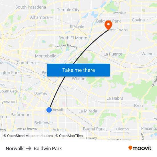 Norwalk to Baldwin Park map