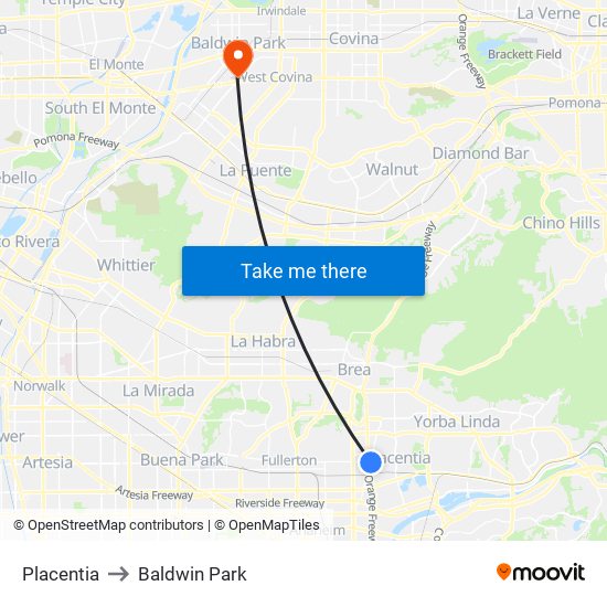 Placentia to Baldwin Park map