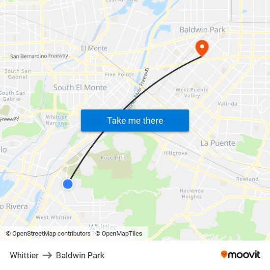 Whittier to Baldwin Park map