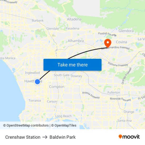 Crenshaw Station to Baldwin Park map