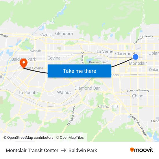 Montclair Transit Center to Baldwin Park map