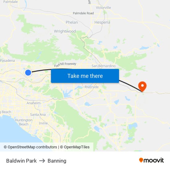 Baldwin Park to Banning map