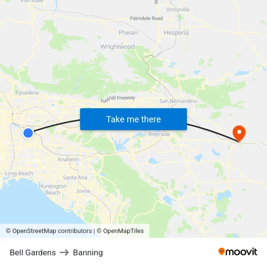 Bell Gardens to Banning map