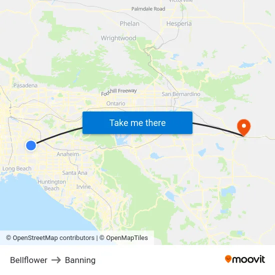 Bellflower to Banning map