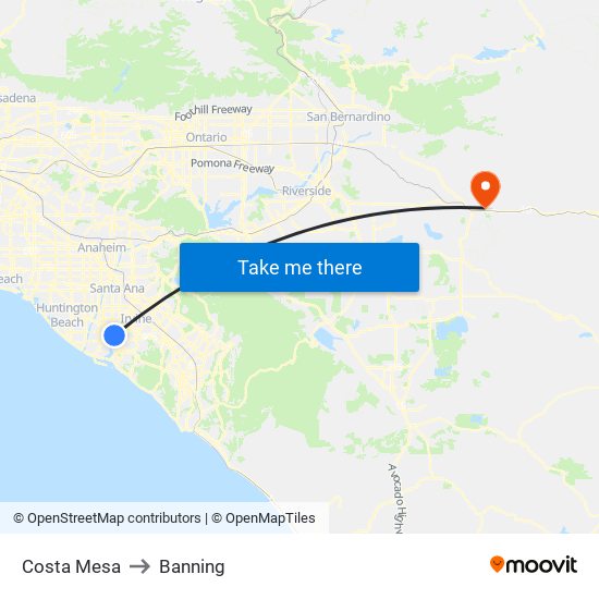 Costa Mesa to Banning map