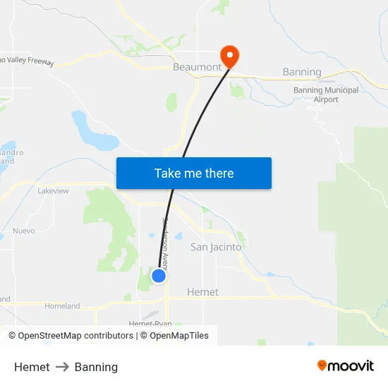 Hemet to Banning map
