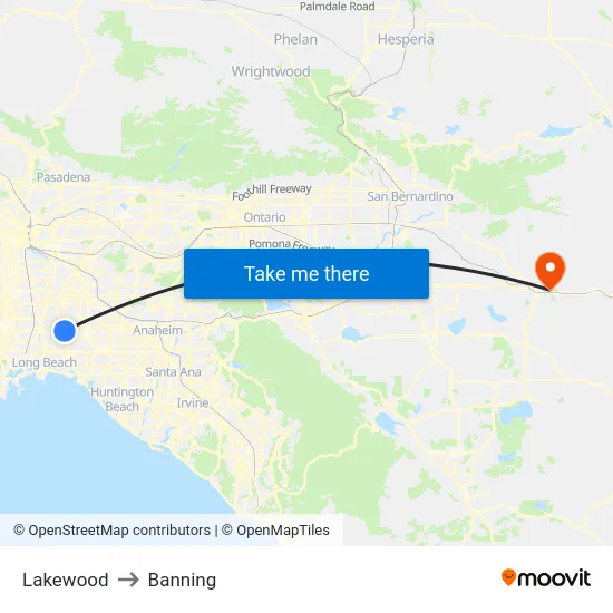 Lakewood to Banning map