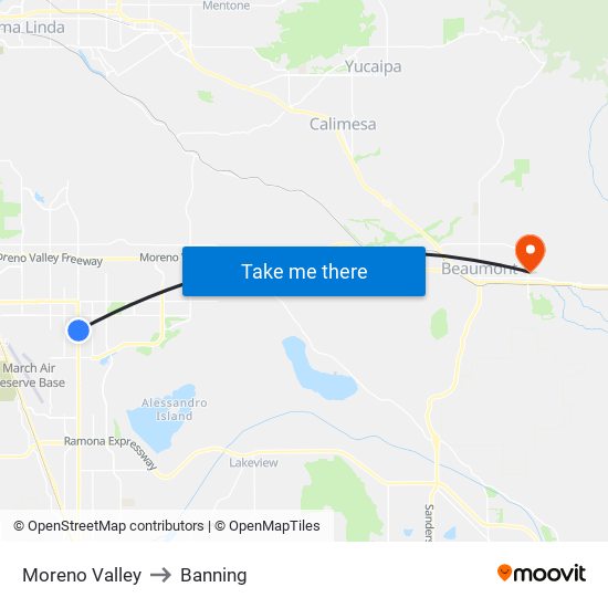 Moreno Valley to Banning map