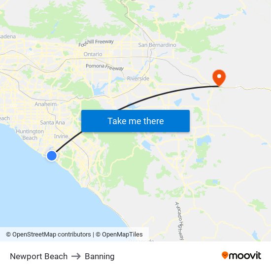 Newport Beach to Banning map