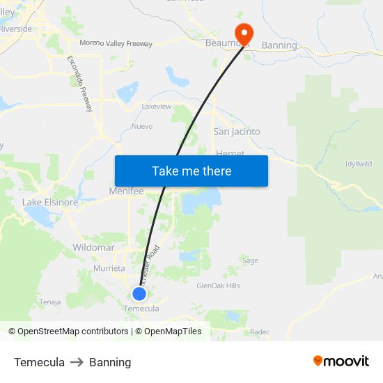 Temecula to Banning map