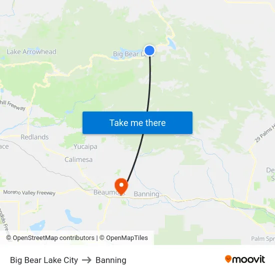 Big Bear Lake City to Banning map