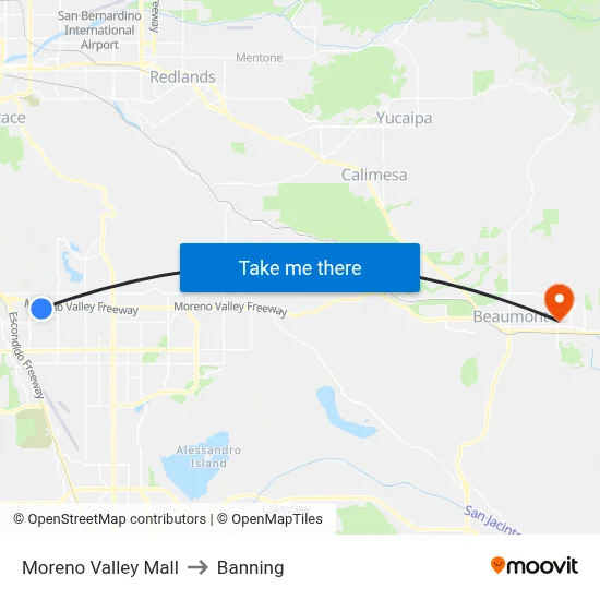 Moreno Valley Mall to Banning map