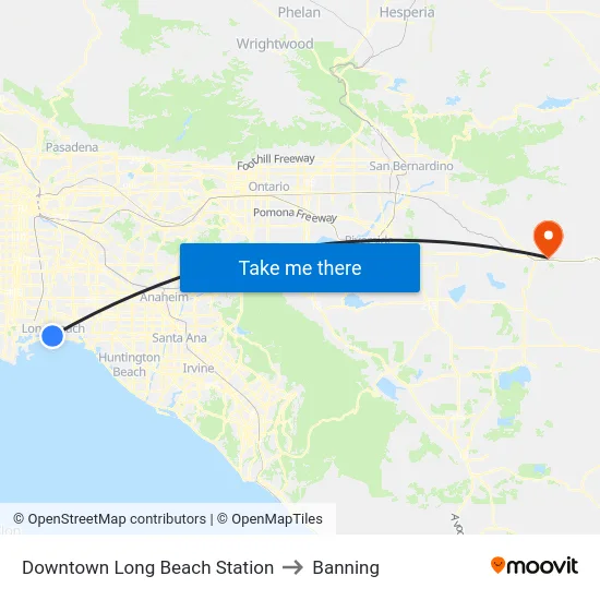 Downtown Long Beach Station to Banning map