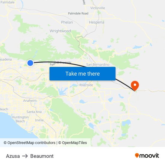 Azusa to Beaumont map