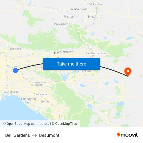 Bell Gardens to Beaumont map