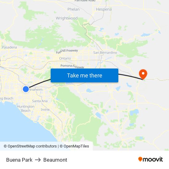 Buena Park to Beaumont map