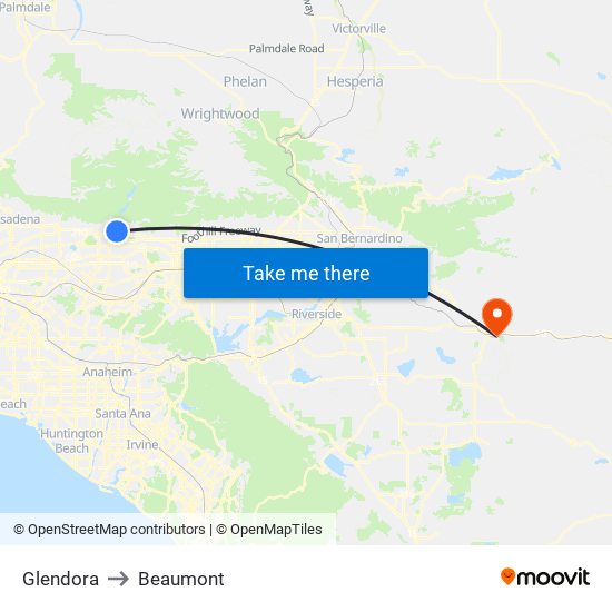 Glendora to Beaumont map