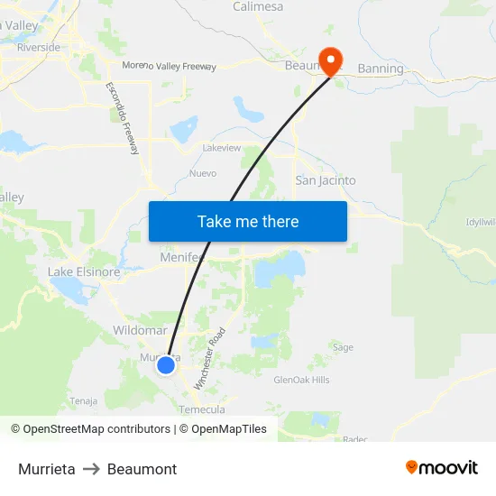 Murrieta to Beaumont map