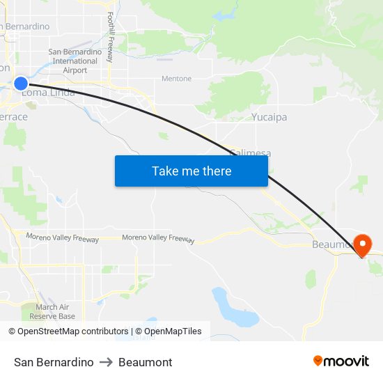 San Bernardino to Beaumont map