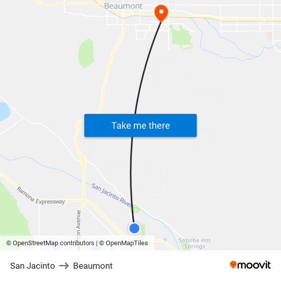 San Jacinto to Beaumont map