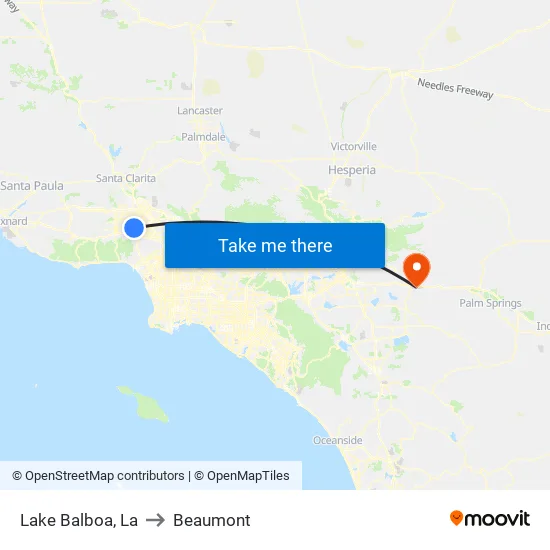 Lake Balboa to Beaumont map