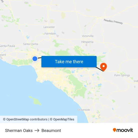 Sherman Oaks to Beaumont map